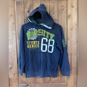 Navy Varsity Hoodie with Green and Yellow Accents